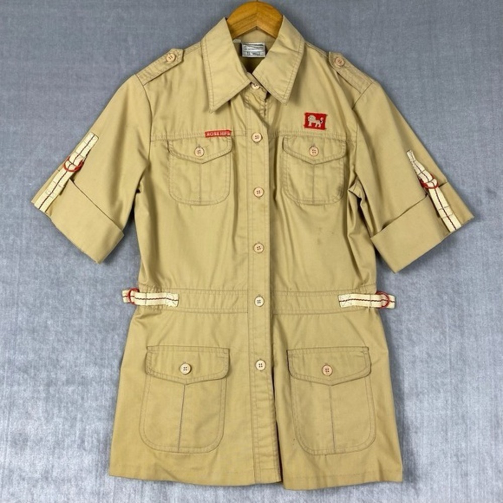 Vtg 80s Shirt Jacket Womens Small Safari Khaki Belted Short Sleeve Utility Tunic